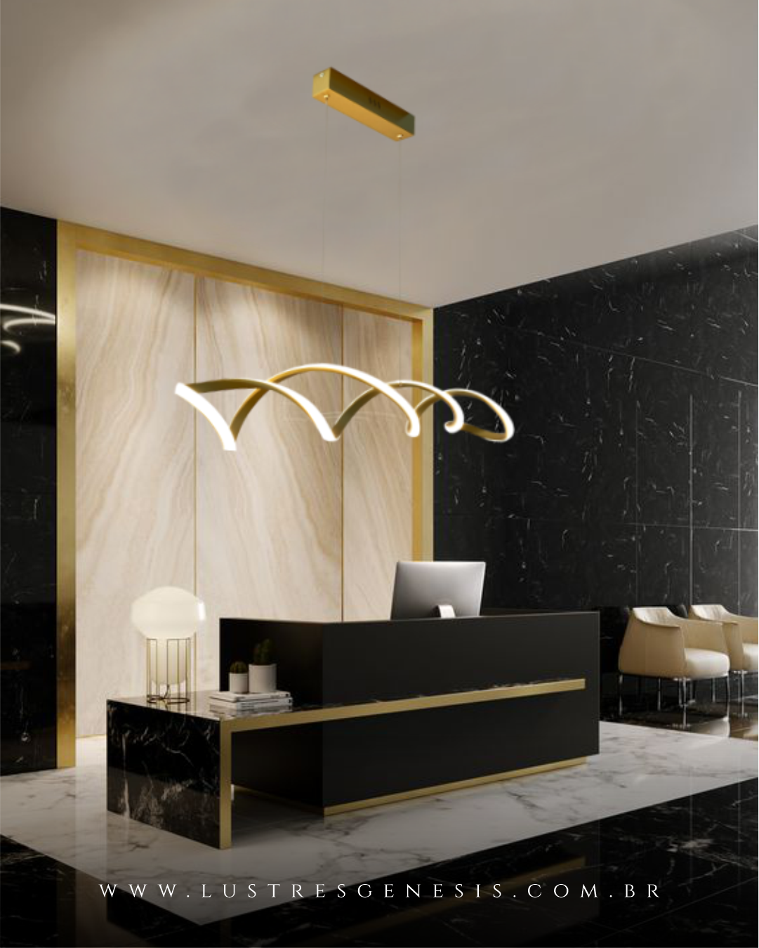 Lustre pendente de LED moderno DNA dourado para sala de jantar, quartos, sala de estar e escritórios. Lustres Gênesis loja online de Lustres e Iluminação Decorativa